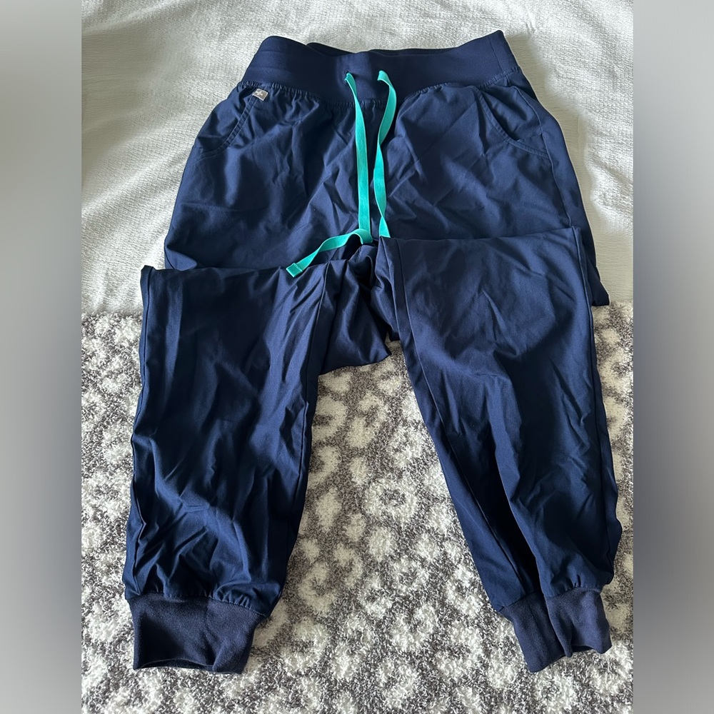 Figs Women's Navy Jogger Scrub Pants with Teal Drawstring